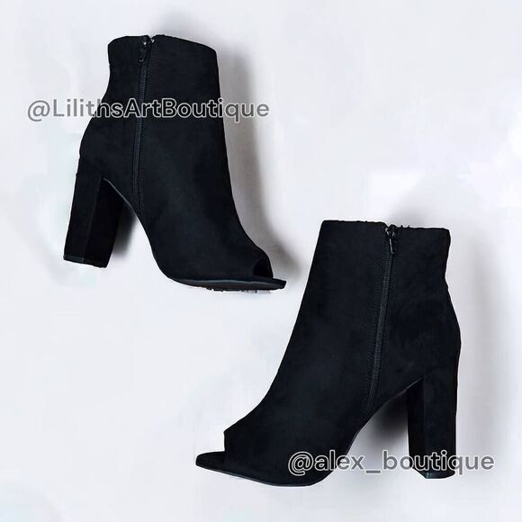 Fashion Nova Black Suede Peep Toe Ankle Block Heel Booties(F007)Size 10 - Picture 6 of 12